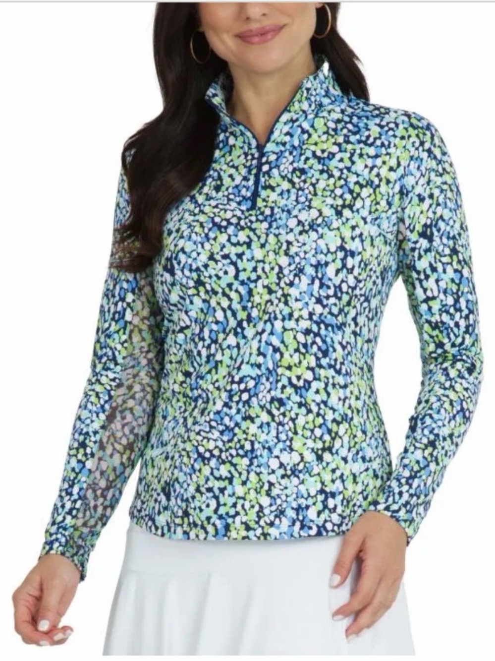 IBKUL Women’s Naomi Print Long Sleeve 1/4 Zip Mock Neck Golf Top Blue/Green Sml
